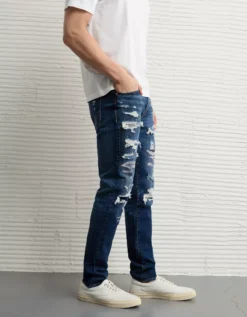 AE AirFlex+ Patched Skinny Jean Indigo Shadow Destroy -American Eagle Fashion 0119 7275 939 os