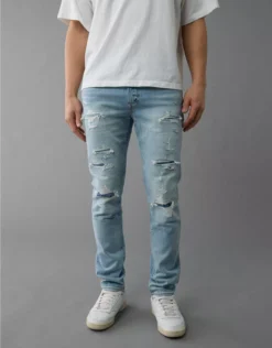 AE AirFlex+ Patched Skinny Jean Destroyed Light Wash