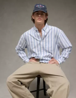 AE Everyday Relaxed Oxford Button-Up Shirt Light Blue -American Eagle Fashion 0153 2727 401 os