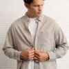 AE Everyday Relaxed Fit Linen-Blend Striped Button-Up Shirt Khaki