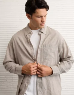 AE Everyday Relaxed Fit Linen-Blend Striped Button-Up Shirt Khaki