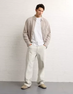 AE Everyday Relaxed Fit Linen-Blend Striped Button-Up Shirt Khaki -American Eagle Fashion 0153 2859 212 os