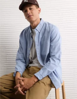 AE Everyday Oxford Striped Button-Up Shirt Blue