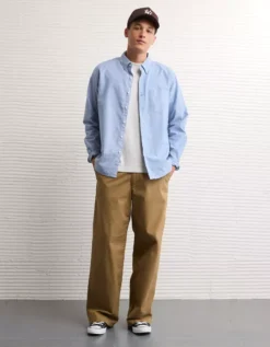 AE Everyday Oxford Striped Button-Up Shirt Blue -American Eagle Fashion 0153 2885 400 os