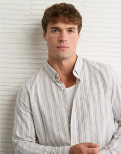 AE Everyday Slim Fit Oxford Striped Button-Up Shirt Khaki