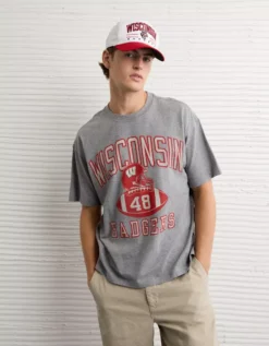 AE Boxy Wisconsin Badgers Graphic T-Shirt Gray Heather -American Eagle Fashion 0164 4727 069 os