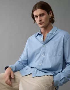 AE 24/7 Club Long Sleeve Button-Up Shirt Light Blue -American Eagle Fashion 0180 4587 401 os