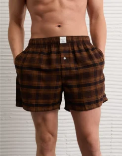 AEO Plaid Stretch Pocket Boxer Short Brown