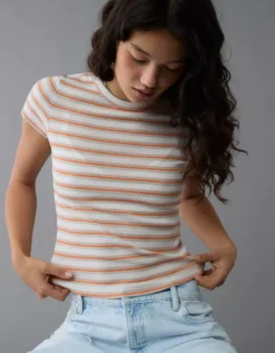 AE Pride Striped Hey Baby Tee Cream -American Eagle Fashion 0303 1163 106 os