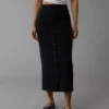 AE High-Waisted Button-Up Knit Midi Skirt Black