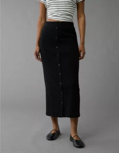 AE High-Waisted Button-Up Knit Midi Skirt Black