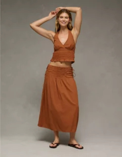 AE High-Waisted Tie Side Maxi Skirt Amber Brown