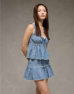 AE High-Waisted Smocked Mini Skirt Light Blue