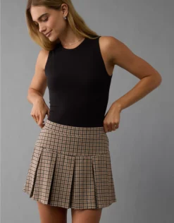 AE Pleated It Knit Plaid Skort Brown