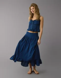 AE High-Waisted Ruffle Maxi Skirt Chambray Blue -American Eagle Fashion 0313 5134 523 d2