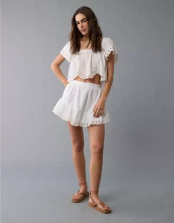 AE High-Waisted Embroidered Eyelet Mini Skirt White