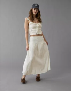 AE High-Waisted Smocked Maxi Skirt Cream