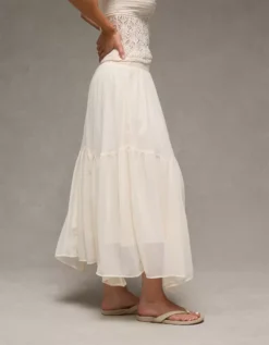 AE Smocked Handkerchief Hem Maxi Skirt Cream -American Eagle Fashion 0313 5180 106 os