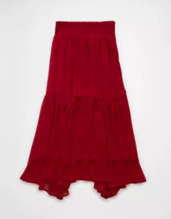 AE Smocked Handkerchief Hem Maxi Skirt Berry -American Eagle Fashion 0313 5180 669 b