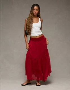AE Smocked Handkerchief Hem Maxi Skirt Berry