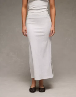 AE High-Waisted Ribbed Knit Maxi Skirt Light Heather Gray