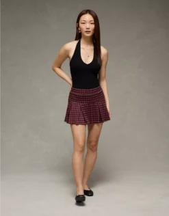 AE It Knit Low-Rise Pleated Plaid Skort Burgundy