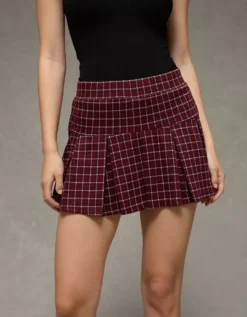 AE It Knit Low-Rise Pleated Plaid Skort Burgundy -American Eagle Fashion 0313 5314 613 os
