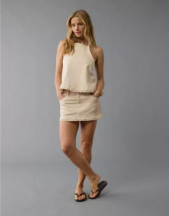 AE Stretch Low-Rise Crochet Denim Micro Skort Cream