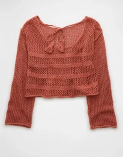 AE Off The Shoulder Crochet Sweater Compass Clay -American Eagle Fashion 0341 1467 275 b