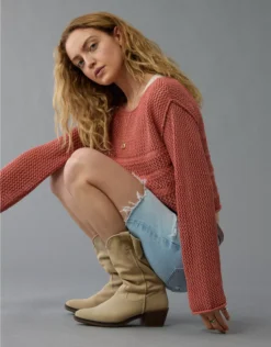 AE Off The Shoulder Crochet Sweater Compass Clay