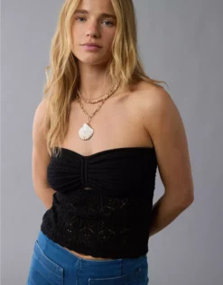 AE Cropped Crochet Tube Top Black