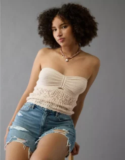 AE Cropped Crochet Tube Top Cream