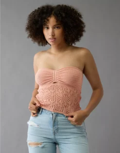 AE Cropped Crochet Tube Top Peach