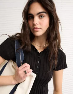 AE Henley Pointelle Sweater T-Shirt Black -American Eagle Fashion 0341 1536 001 d2