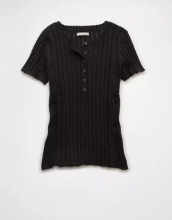 AE Henley Pointelle Sweater T-Shirt Black -American Eagle Fashion 0341 1536 001 f