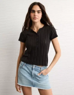 AE Henley Pointelle Sweater T-Shirt Black -American Eagle Fashion 0341 1536 001 os