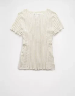 AE Henley Pointelle Sweater T-Shirt Cream -American Eagle Fashion 0341 1536 106 b