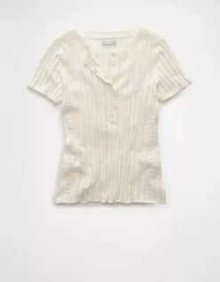 AE Henley Pointelle Sweater T-Shirt Cream -American Eagle Fashion 0341 1536 106 f