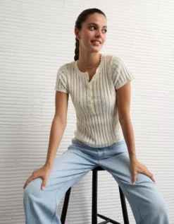 AE Henley Pointelle Sweater T-Shirt Cream -American Eagle Fashion 0341 1536 106 os