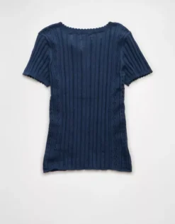 AE Henley Pointelle Sweater T-Shirt Navy -American Eagle Fashion 0341 1536 410 b
