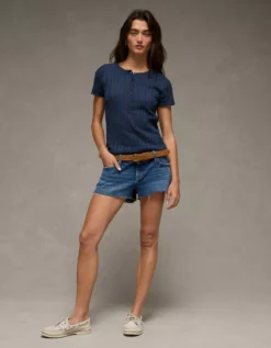 AE Henley Pointelle Sweater T-Shirt Navy -American Eagle Fashion 0341 1536 410 os