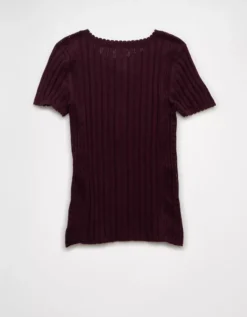 AE Henley Pointelle Sweater T-Shirt Cherry -American Eagle Fashion 0341 1536 703 b