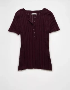 AE Henley Pointelle Sweater T-Shirt Cherry -American Eagle Fashion 0341 1536 703 f