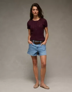 AE Henley Pointelle Sweater T-Shirt Cherry -American Eagle Fashion 0341 1536 703 os