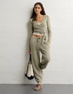 AE Whoa So Soft Ballet Wrap Sweater Top Faded Olive -American Eagle Fashion 0341 1544 341 os