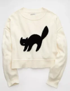 AE Black Cat Halloween Sweater Cream -American Eagle Fashion 0341 1565 106 f