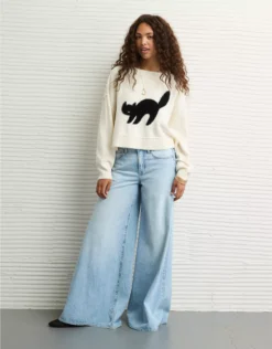 AE Black Cat Halloween Sweater Cream