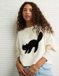 AE Black Cat Halloween Sweater Cream -American Eagle Fashion 0341 1565 106 os