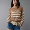 AE Off The Shoulder Crochet Sweater Brown