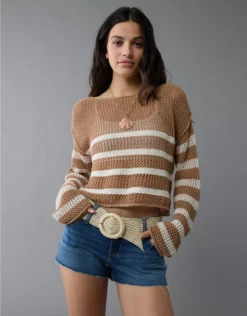AE Off The Shoulder Crochet Sweater Brown